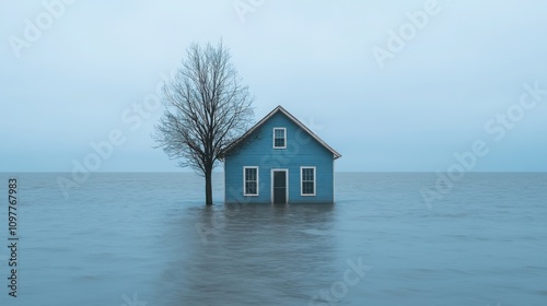 Flooded house surrounded by water and trees isolated landscape photography