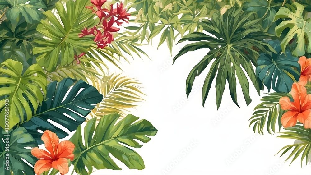 Overlay pattern of palm tree leaves and a border of verdant tropical flora set against a clear backdrop Overlay pattern of palm tree leaves and a border of verdant tropical flora set against a clear backdrop