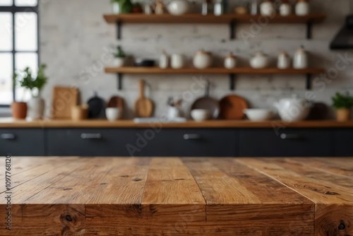 Wallpaper Mural Space for product montage on wooden table top over blurred kitchen counter interior background Torontodigital.ca