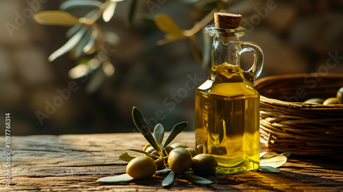 A close-up of extra virgin olive oil with fresh olives on a wooden background, symbolizing the essence of Mediterranean cuisine. photo