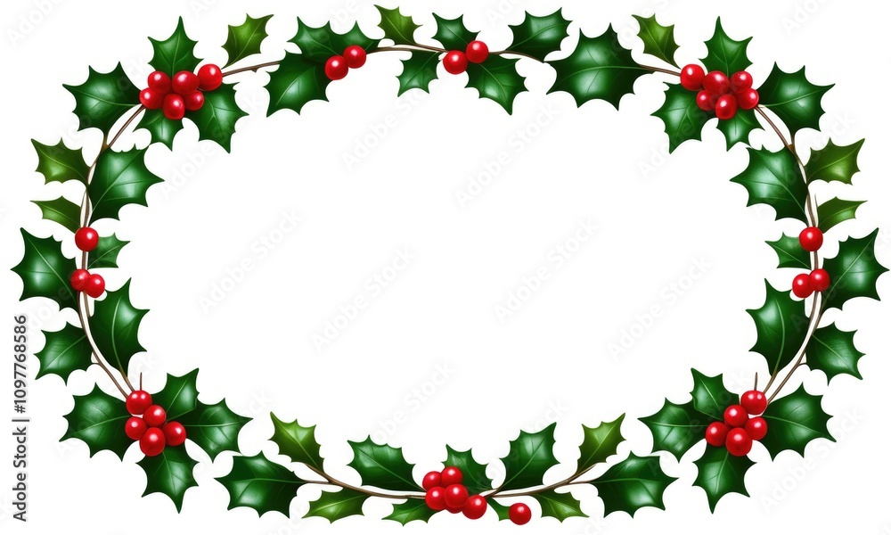 Festive holly wreath frame with green leaves and red berries for holiday designs Festive holly wreath frame with green leaves and red berries for holiday designs