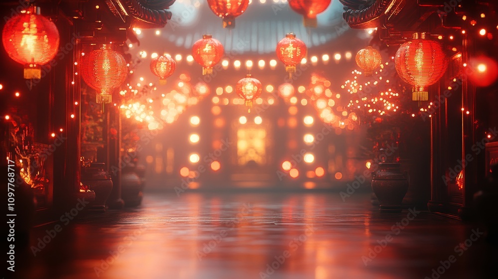 custom made wallpaper toronto digitalRed Chinese New Year background with lanterns on the edges and corners, blur chinese temple behind it. Copy space background
