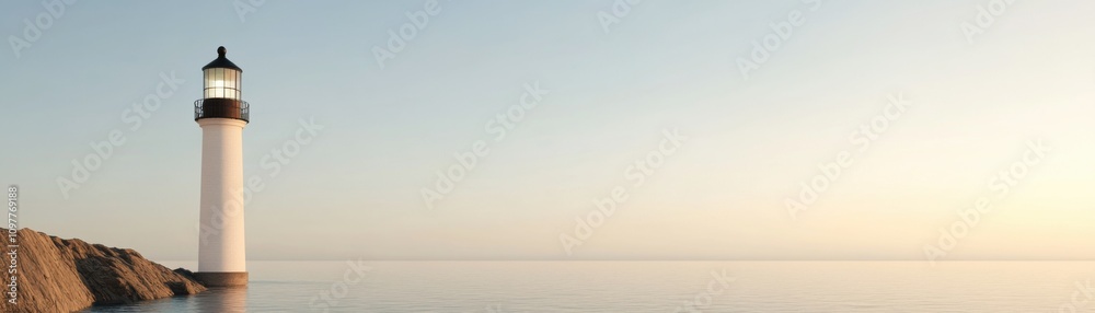 Fototapeta premium A serene coastline scene featuring a tall lighthouse standing by calm waters under a pale sky, evoking tranquility and guidance.