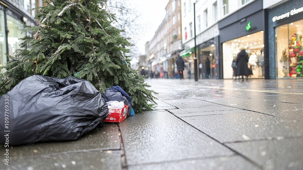 Obraz premium Discarded Christmas Tree Homeless Belongings City Street Winter
