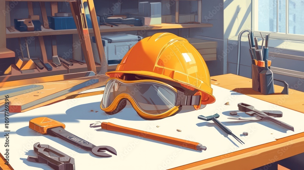 Fototapeta premium Workshop Illustration: Safety Gear and Tools on a Workbench