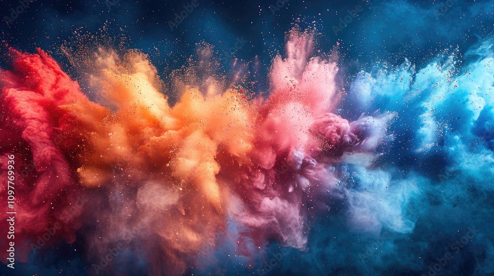 a dynamic explosion of red, white, and blue paint powder.