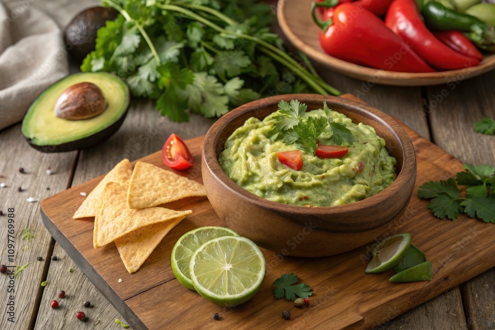 Fresh and Creamy Guacamole in Wooden Bowl - Perfect for Dipping, Appetizers, and Condiments, Avocado, Healthy Snack, Party Food, Mexican Cuisine, Delicious Dip, Bright Colors Fresh and Creamy Guacamole in Wooden Bowl - Perfect for Dipping, Appetizers, and Condiments, Avocado, Healthy Snack, Party Food, Mexican Cuisine, Delicious Dip, Bright Colors