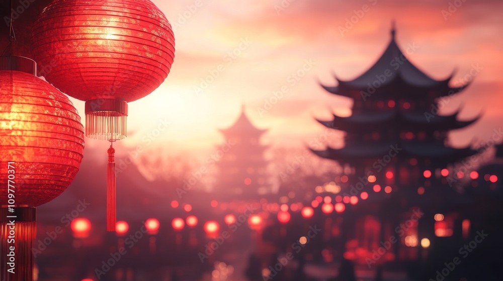 Fototapeta premium Red Chinese New Year background with lanterns on the edges and corners, blur chinese temple behind it. Copy space background