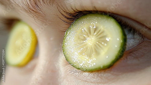 Close up of Eye with Cucumber Slices  Spa Treatment  Relaxation  Beauty  Wellness  Skincar photo