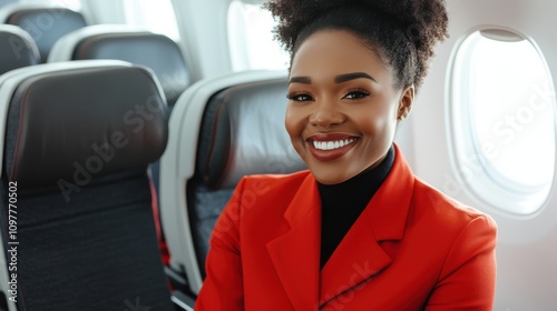 Flight Attendant Smiling and Demonstrating Safety Procedures