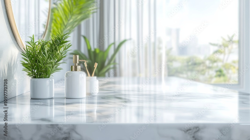 Fototapeta premium Pristine White Bathroom Interior with Marble Vanity and Blurred Background - Minimalist Home Design, AI-Generated Digital Art.
