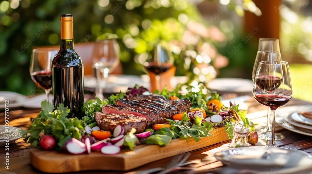 Joyful Outdoor BBQ Gathering: Friends Enjoying Grilled Meat, Salads, and Wine in Backyard Party Setting Joyful Outdoor BBQ Gathering: Friends Enjoying Grilled Meat, Salads, and Wine in Backyard Party Setting