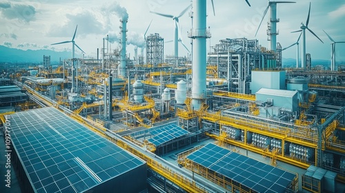 A sustainable factory with solar panels, wind turbines, and eco-friendly production processes. Workers are seen assembling products while using renewable energy sources