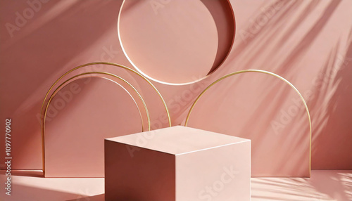3d pink podium, for cosmetic packaging presentation, geometric shapes, leaf shadows on the wall, template for design