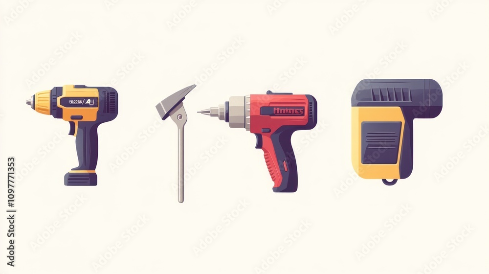 Cordless Drill, Hammer, Screwdriver and Flashlight Illustration Cordless Drill, Hammer, Screwdriver and Flashlight Illustration