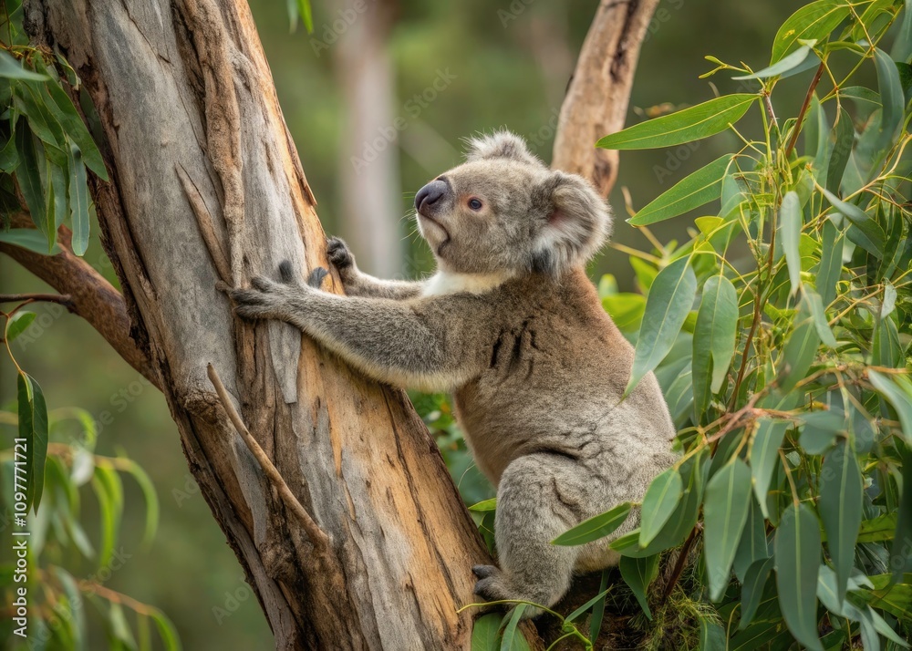 Naklejka premium Koala Bear Climbing on Tree in Natural Habitat - Candid Photography of Wildlife, Australian Fauna, Endangered Species, Nature Conservation, Cute Animal Moments, Tree Climbing Behavior
