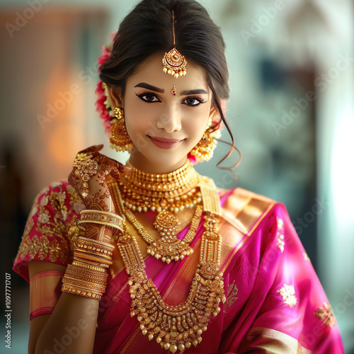 Beautiful indian woman wearing traditional saree and gold jwellery photo