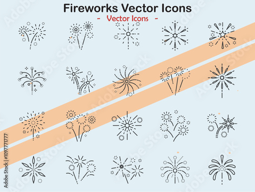 Icons depicting fireworks and celebration themes in vector style