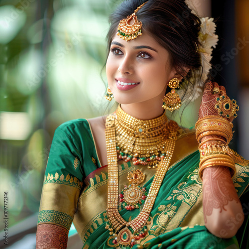 Beautiful indian woman wearing traditional saree and gold jwellery