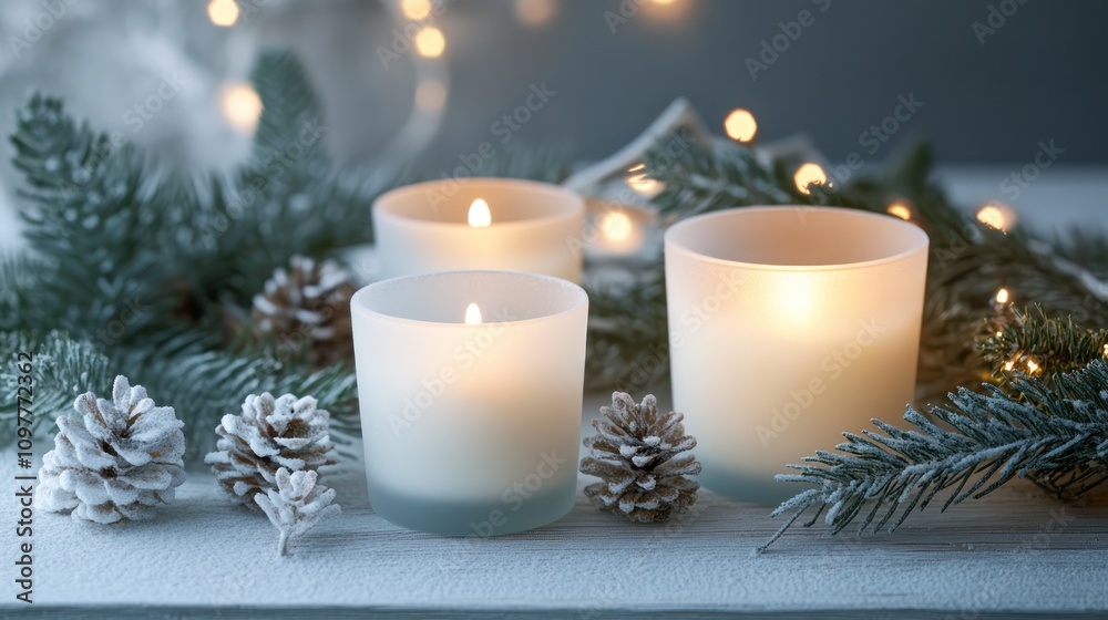 Candles in frosted glass holders, emitting soft light among pine branches and festive decorations Candles in frosted glass holders, emitting soft light among pine branches and festive decorations