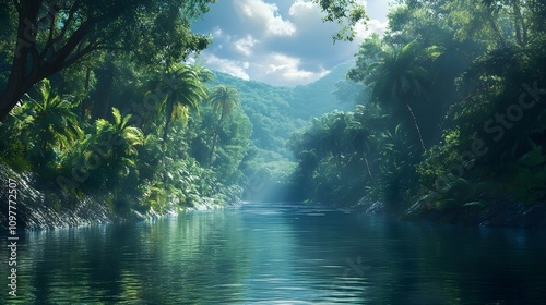 Lush tropical river flows through a dense jungle valley.