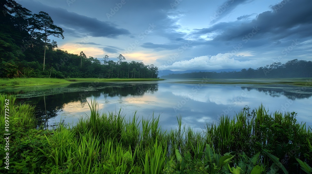 Fototapeta premium Serene lake reflecting dramatic sunset sky, lush green foreground.