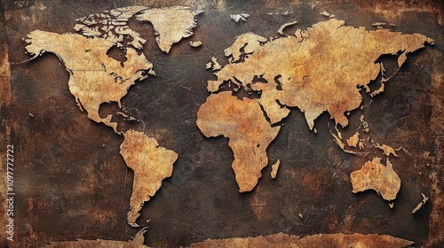 Vintage world map with a rustic texture, showcasing continents in earthy tones. photo