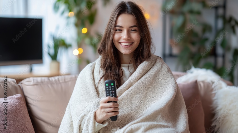 A smiling young woman wrapped in a cozy beige blanket holds a TV remote, ready to relax on the sofa in a warmly lit living room. The setting exudes comfort and leisure, with soft lighting creating a