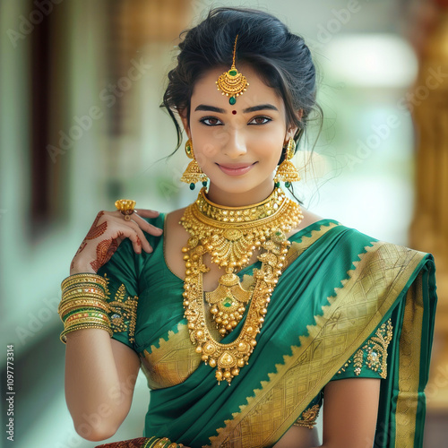 Beautiful indian woman wearing traditional saree and gold jwellery photo