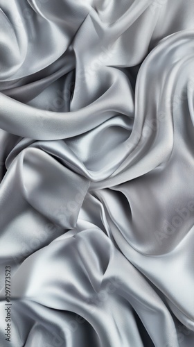 Elegant silver satin fabric draped beautifully, creating soft, flowing waves.