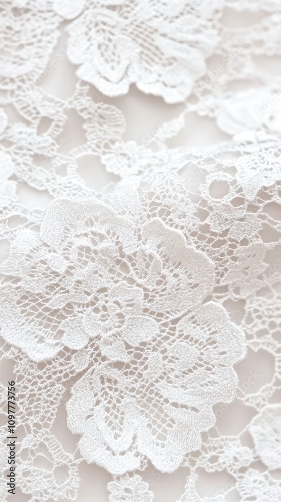 Delicate white lace fabric with intricate floral patterns, enhancing elegance and charm. Delicate white lace fabric with intricate floral patterns, enhancing elegance and charm.