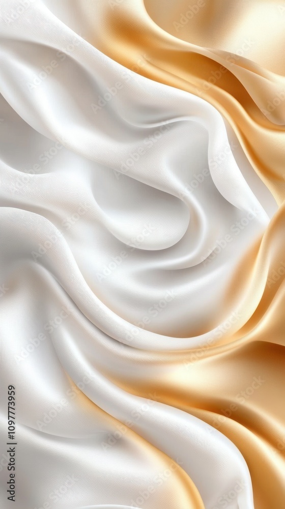 Fototapeta premium Flowing silk fabric in soft shades of white and gold, creating a luxurious and elegant texture.