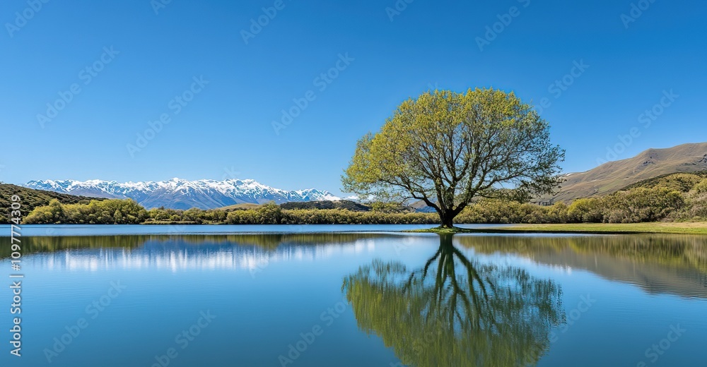 Obraz premium Lone tree reflected in calm lake water with mountains in background.
