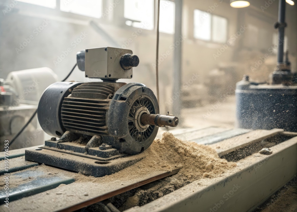 Minimalist Photography of a Working Electric Motor in a Dusty Factory Setting, Capturing Industrial Aesthetics and Machinery Details for Stock Photo Use Minimalist Photography of a Working Electric Motor in a Dusty Factory Setting, Capturing Industrial Aesthetics and Machinery Details for Stock Photo Use