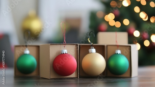 Cardboard box DIY ornament hangers, decorated with holiday colors.