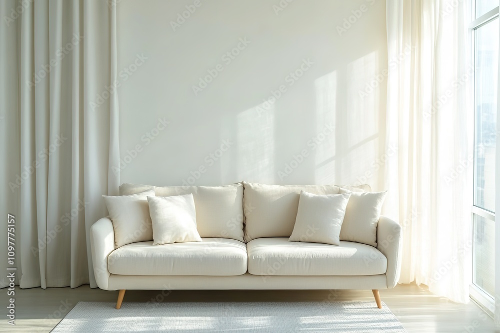 Minimalist white sofa in bright room with sunlight. Minimalist white sofa in bright room with sunlight.