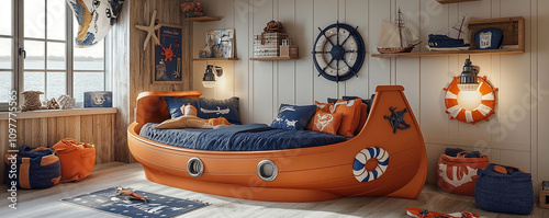 Trendy boya??s room with a nautical theme, including a ship-shaped bed, maritime decor, and a bright color scheme. A fun and adventurous space for young sailors photo