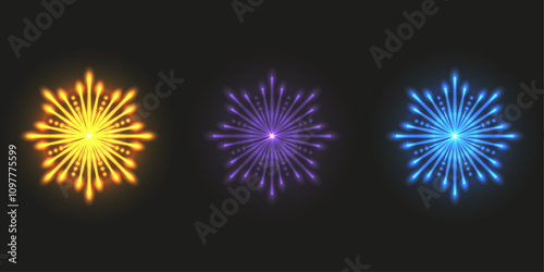 Set shine Firework snowflakes isolated black background. Firework explosion collection. Colorful Fireworks festive element. Vector illustration. 