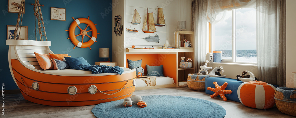 Trendy boya??s room with a nautical theme, including a ship-shaped bed, maritime decor, and a bright color scheme. A fun and adventurous space for young sailors Trendy boya??s room with a nautical theme, including a ship-shaped bed, maritime decor, and a bright color scheme. A fun and adventurous space for young sailors