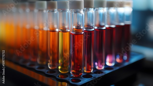 Close-up of Test Tubes Filled with Colorful Liquids in a Rack