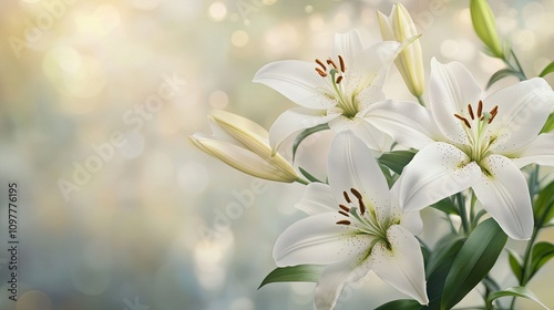 Beautiful white lilies in full bloom against a soft, dreamy background.