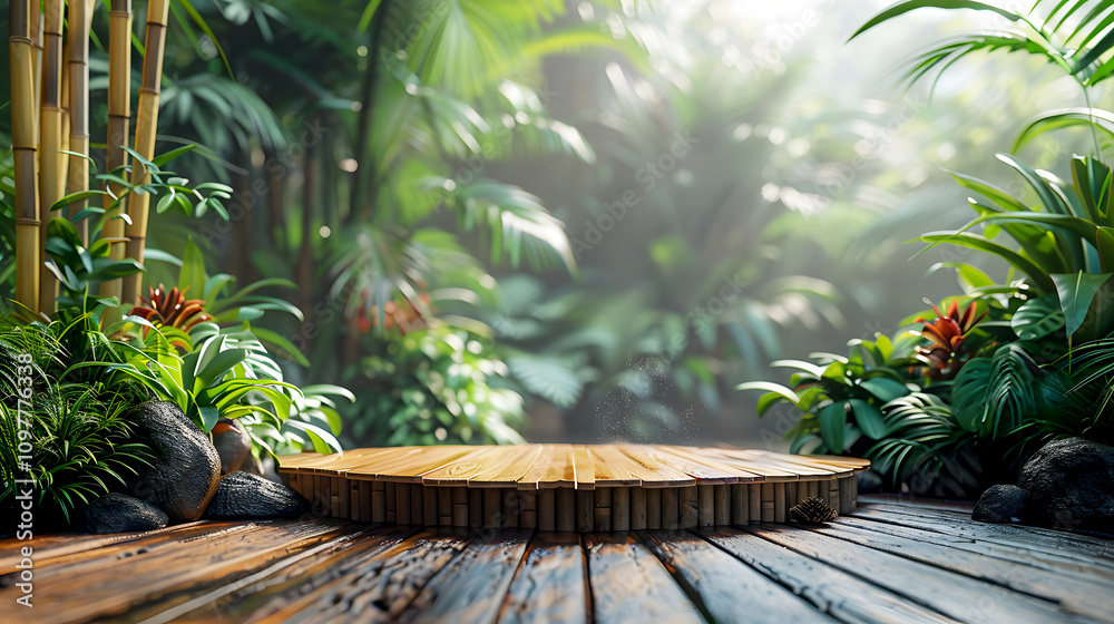 Serene Jungle Scene with Bamboo Platform and Lush Greenery