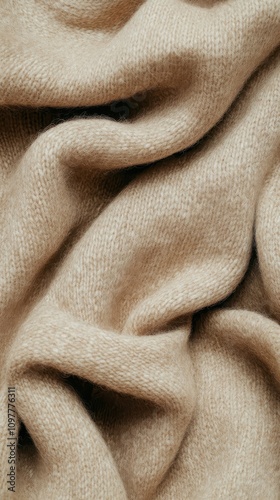 Close-up of a soft, beige fabric showcasing cozy textures and folds designed for warmth and comfort.