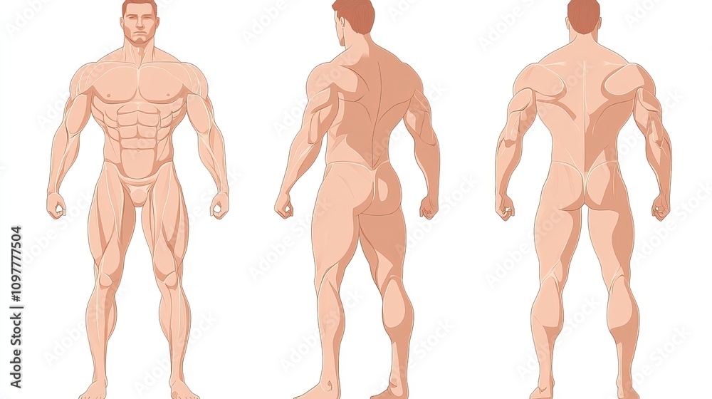 Male anatomical figure, front, back, and side views. Male anatomical figure, front, back, and side views.