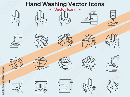Icons depicting hand washing and hygiene themes in vector style