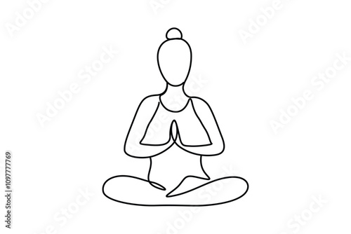 One continuous line drawing Namaste seated woman yoga exercise artwork.