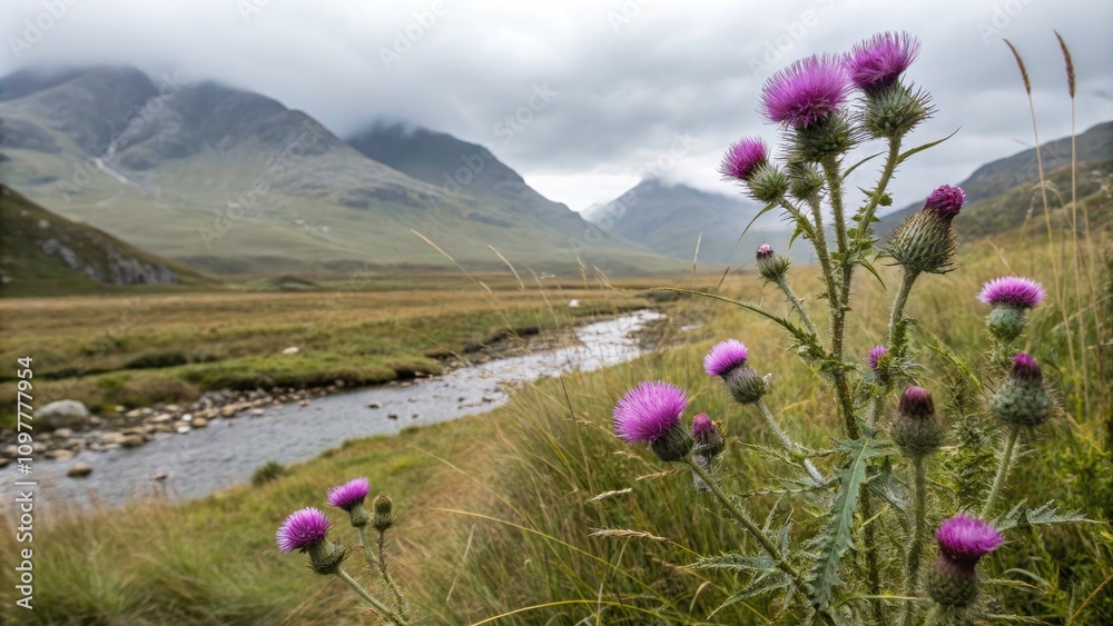 Obraz premium Stunning Macro Photography of Purple Thistle Blooms in Scottish Highlands with Rugged Hills and Misty Skies