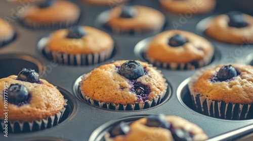 Delicious blueberry muffins freshly baked in a tray, golden brown with blueberries on top. Perfect for breakfast or dessert, this image captures the fresh and warm appeal of homemade treats.. AI