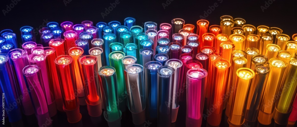 A vibrant array of illuminated tubes in various colors, showcasing light and design. A vibrant array of illuminated tubes in various colors, showcasing light and design.
