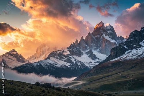 Surreal Snow-Capped Mountain Landscape at Sunset - Dreamy Scenery with Vibrant Colors, Majestic Peaks, and Ethereal Atmosphere for Nature Lovers and Adventure Seekers